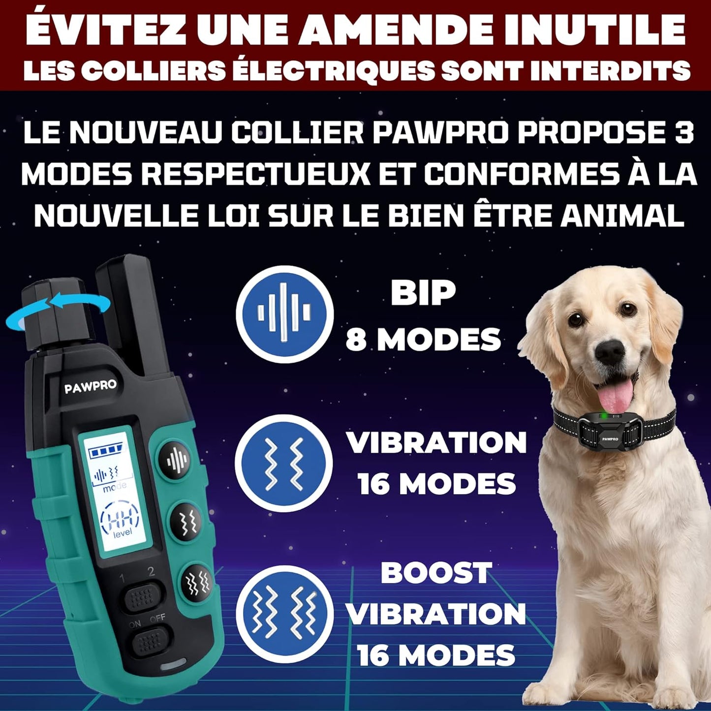 PAWPRO Collier de Dressage, Portée XXL de 3000m, Conforme Nouvelle Loi 2024 Bien-Être Animal, 3 Modes BIP, Boost Vibration, pour Chiens de Toutes Tailles, Marque Française (1pcs)