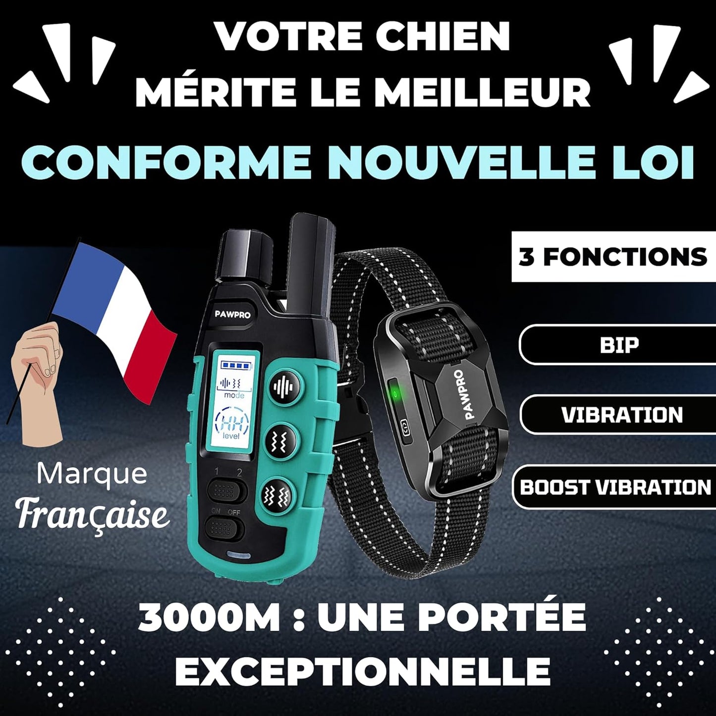 PAWPRO Collier de Dressage, Portée XXL de 3000m, Conforme Nouvelle Loi 2024 Bien-Être Animal, 3 Modes BIP, Boost Vibration, pour Chiens de Toutes Tailles, Marque Française (1pcs)