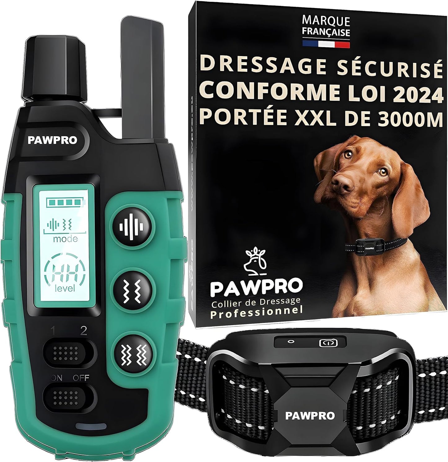 PAWPRO Collier de Dressage, Portée XXL de 3000m, Conforme Nouvelle Loi 2024 Bien-Être Animal, 3 Modes BIP, Boost Vibration, pour Chiens de Toutes Tailles, Marque Française (1pcs)